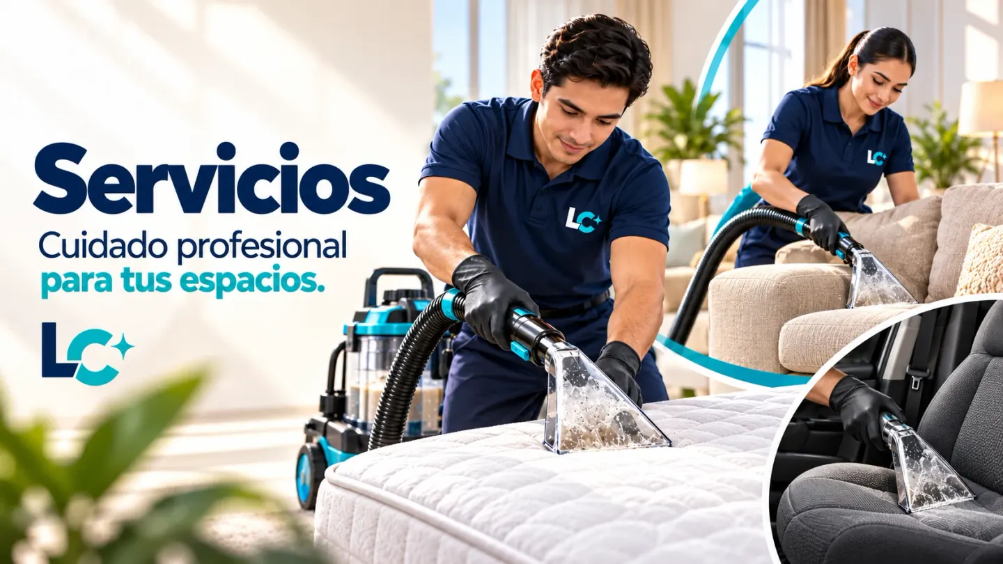 Personal con uniforme de LC limpia una sala de tela con equipo de extracción. Texto de la imagen: «Cuidado profesional para tus espacios» / «También cuidamos tu sala».