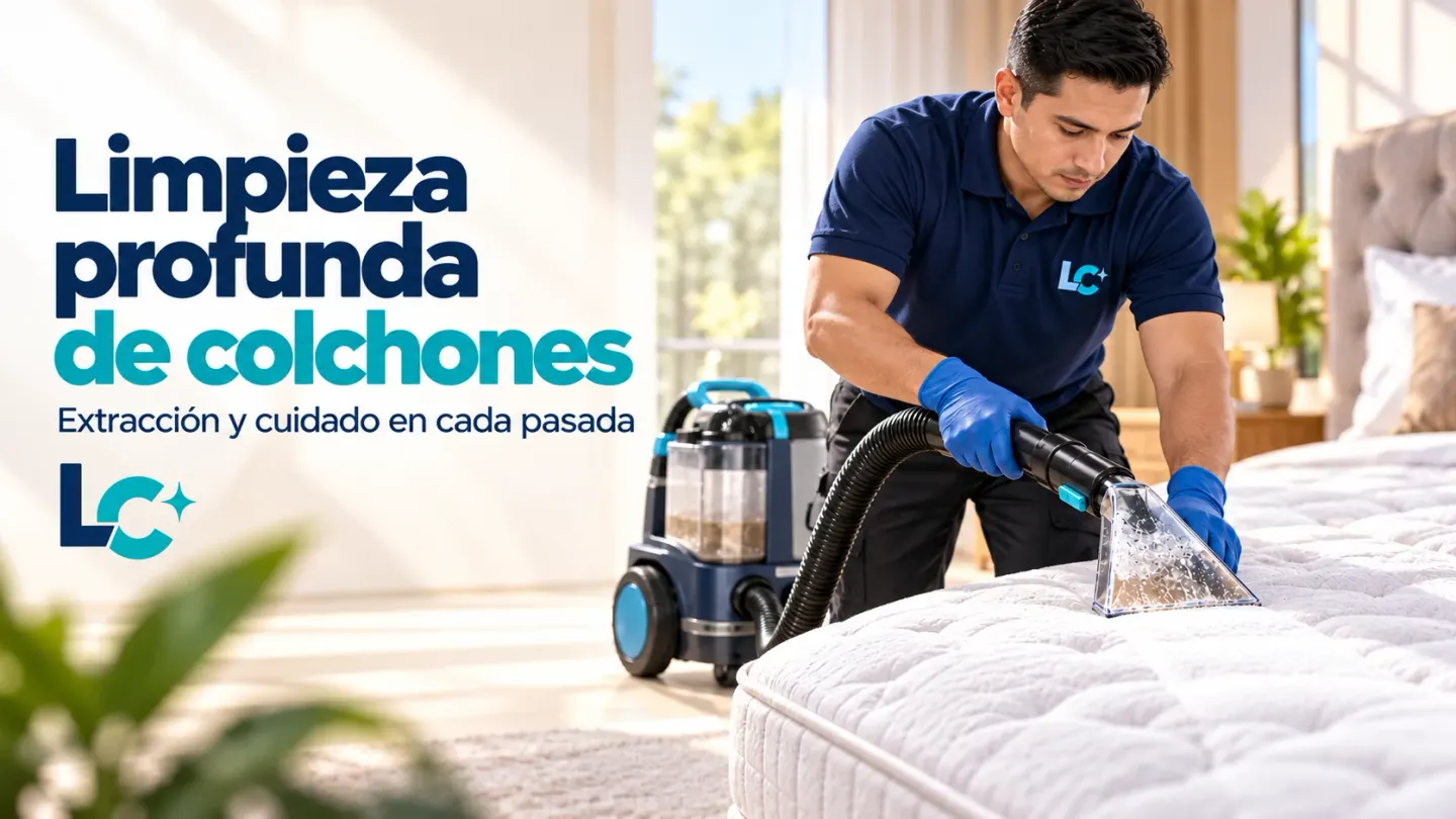 Técnico con uniforme de LC lava un colchón con boquilla de extracción. Texto de la imagen: «Limpieza profunda de colchones. Extracción y cuidado en cada pasada».