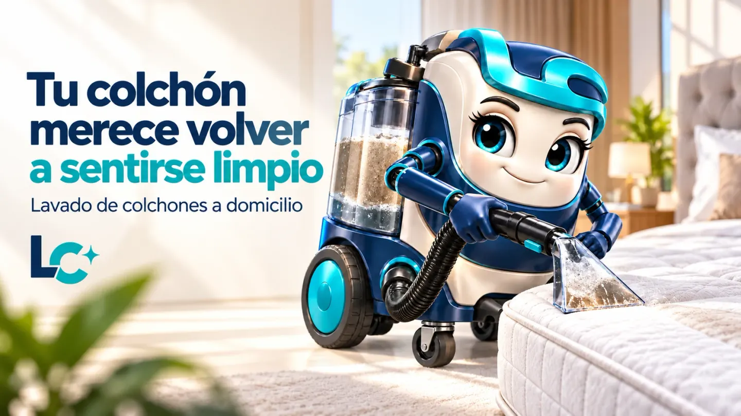 La mascota de LC, una extractora de tapicería con rostro amable, lava un colchón. Texto de la imagen: «Tu colchón merece volver a sentirse limpio. Lavado de colchones a domicilio».