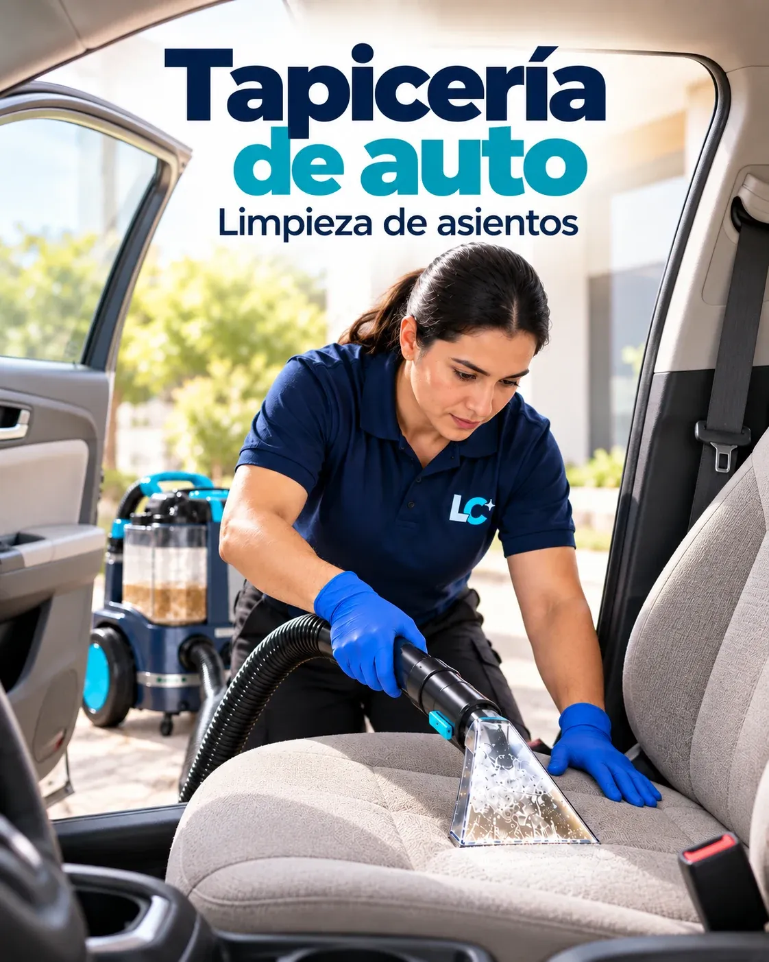 Técnica con uniforme LC lavando el asiento de tela de un auto