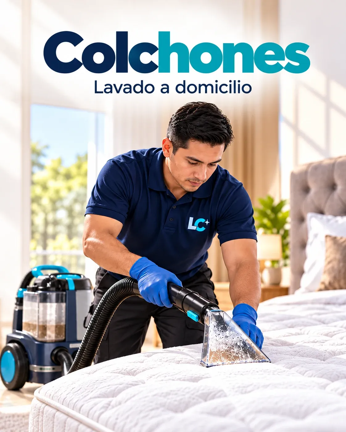 Técnico con uniforme LC lavando un colchón con una boquilla de extracción