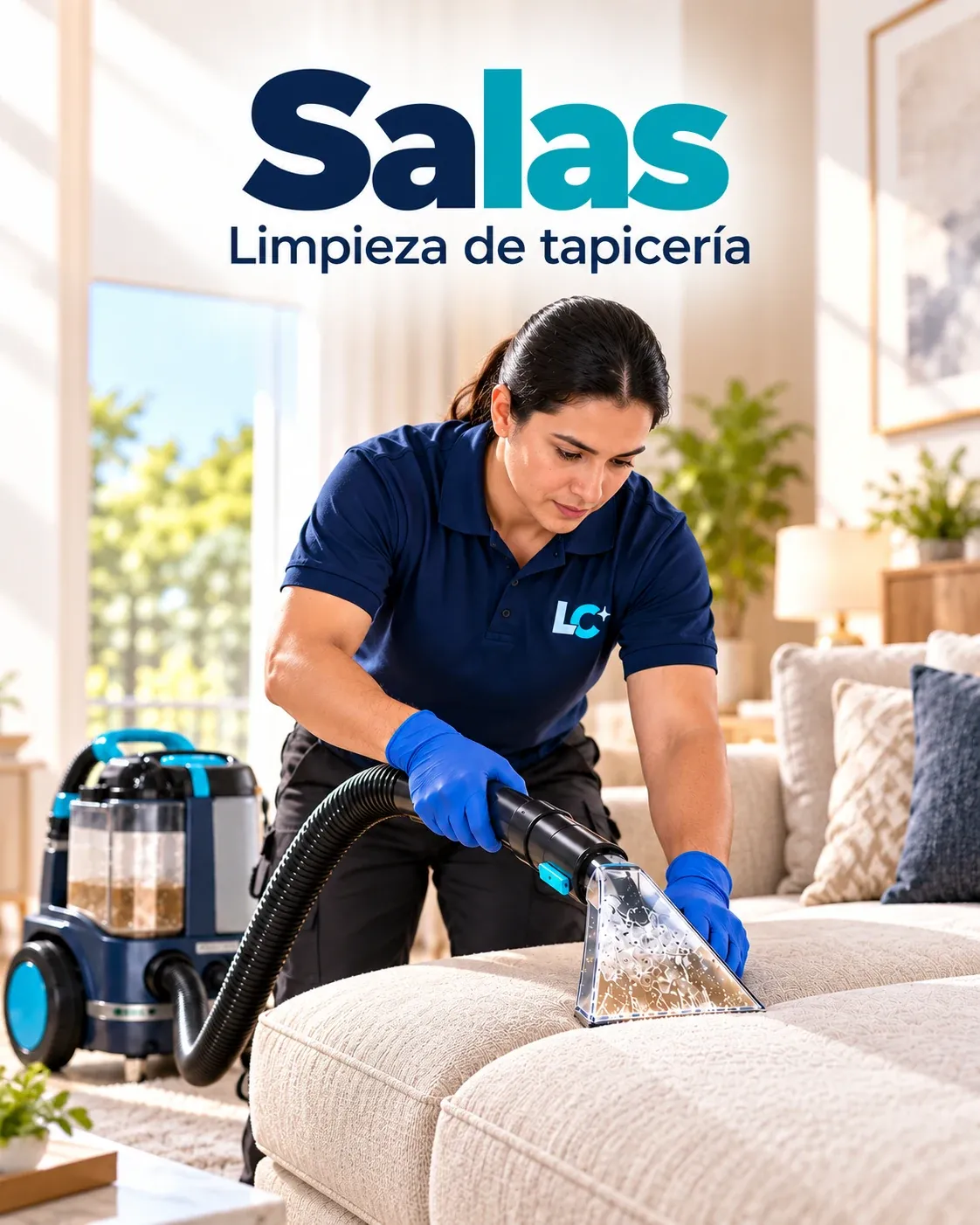 Técnica con uniforme LC limpiando un sofá claro con equipo de extracción